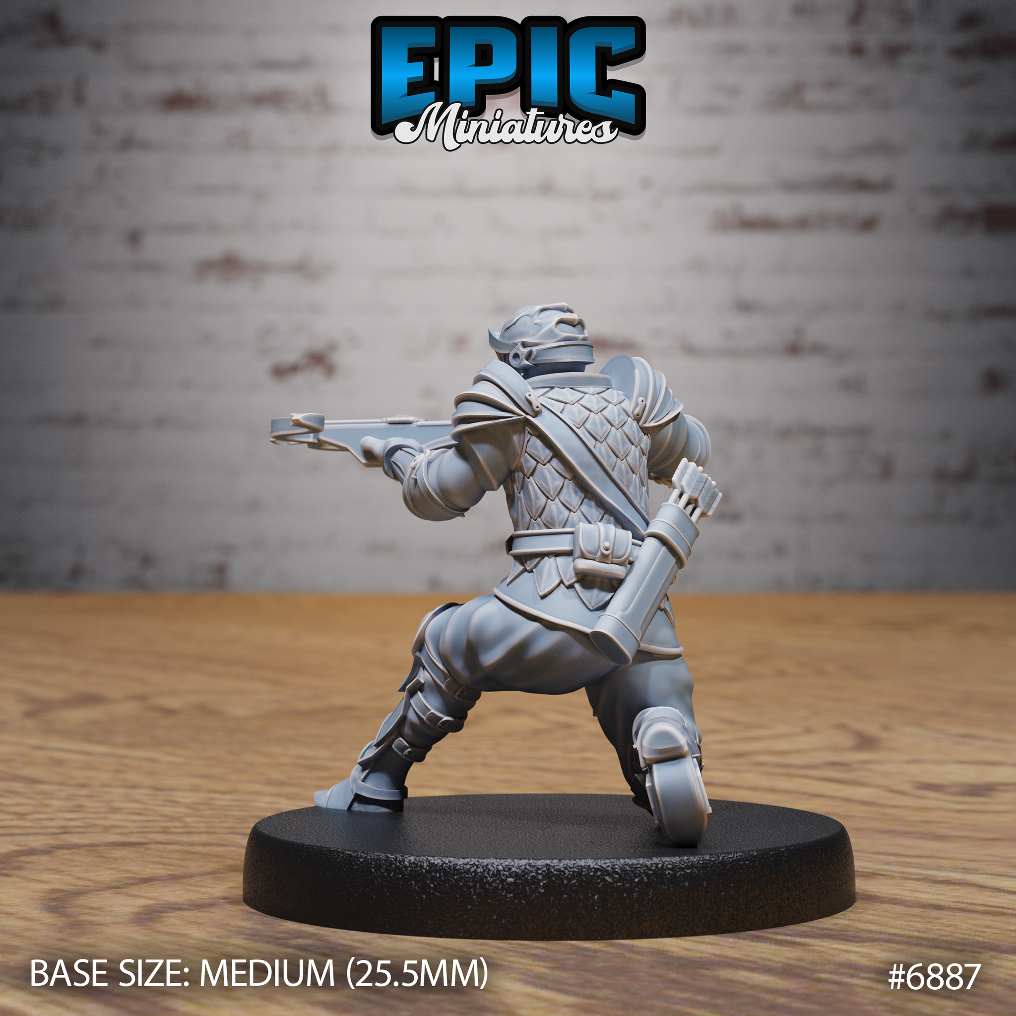 Armoured guard in a low kneeling stance seen from behind, crossbow extended ahead, scale mail covering the back and shoulders, a bolt quiver at the hip, greaves and articulated armour plates visible. Sculpt by Epic Miniatures.