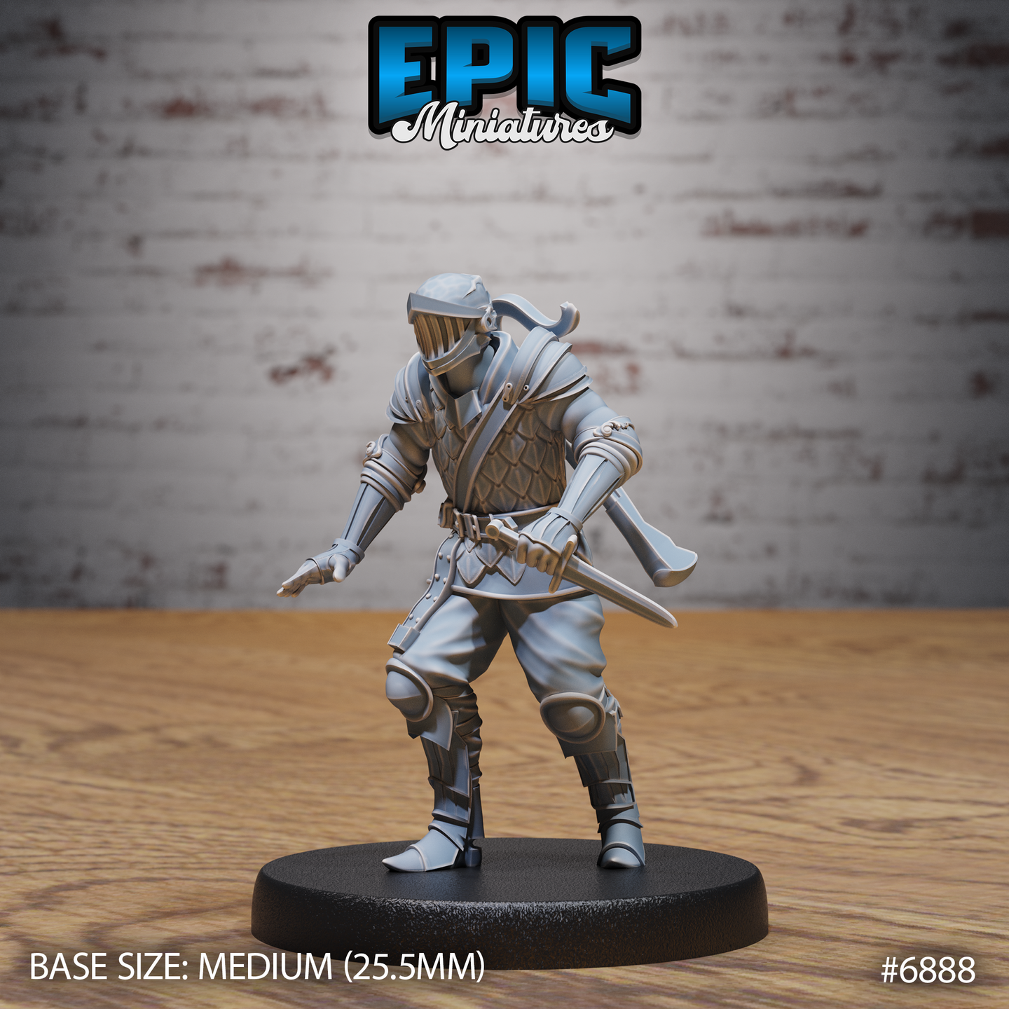 Armoured guard in a low combat stance holding a short sword extended forward, wearing scale armour, a visored helm with swept plume, articulated bracers, and buckled knee guards. Sculpt by Epic Miniatures.