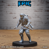 Armoured guard in a low combat stance holding a short sword extended forward, wearing scale armour, a visored helm with swept plume, articulated bracers, and buckled knee guards. Sculpt by Epic Miniatures.