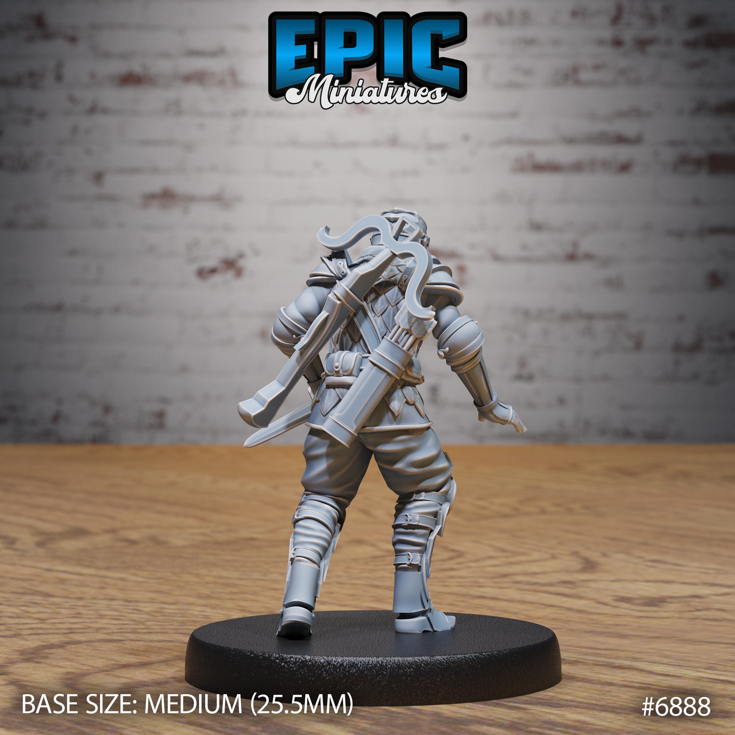 Rear of an armoured guard showing a crossbow, a hafted weapon, and a rig of straps and pouches across the back, with buckled leg wraps and a swept-plume visored helm. Sculpt by Epic Miniatures.