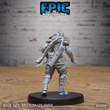Rear of an armoured guard showing a crossbow, a hafted weapon, and a rig of straps and pouches across the back, with buckled leg wraps and a swept-plume visored helm. Sculpt by Epic Miniatures.