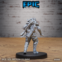 Rear of an armoured guard showing a crossbow, a hafted weapon, and a rig of straps and pouches across the back, with buckled leg wraps and a swept-plume visored helm. Sculpt by Epic Miniatures.
