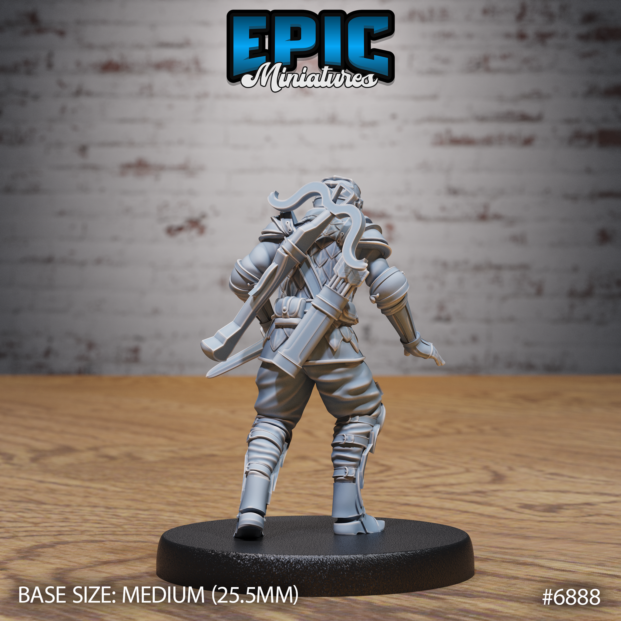 Rear of an armoured guard showing a crossbow, a hafted weapon, and a rig of straps and pouches across the back, with buckled leg wraps and a swept-plume visored helm. Sculpt by Epic Miniatures.