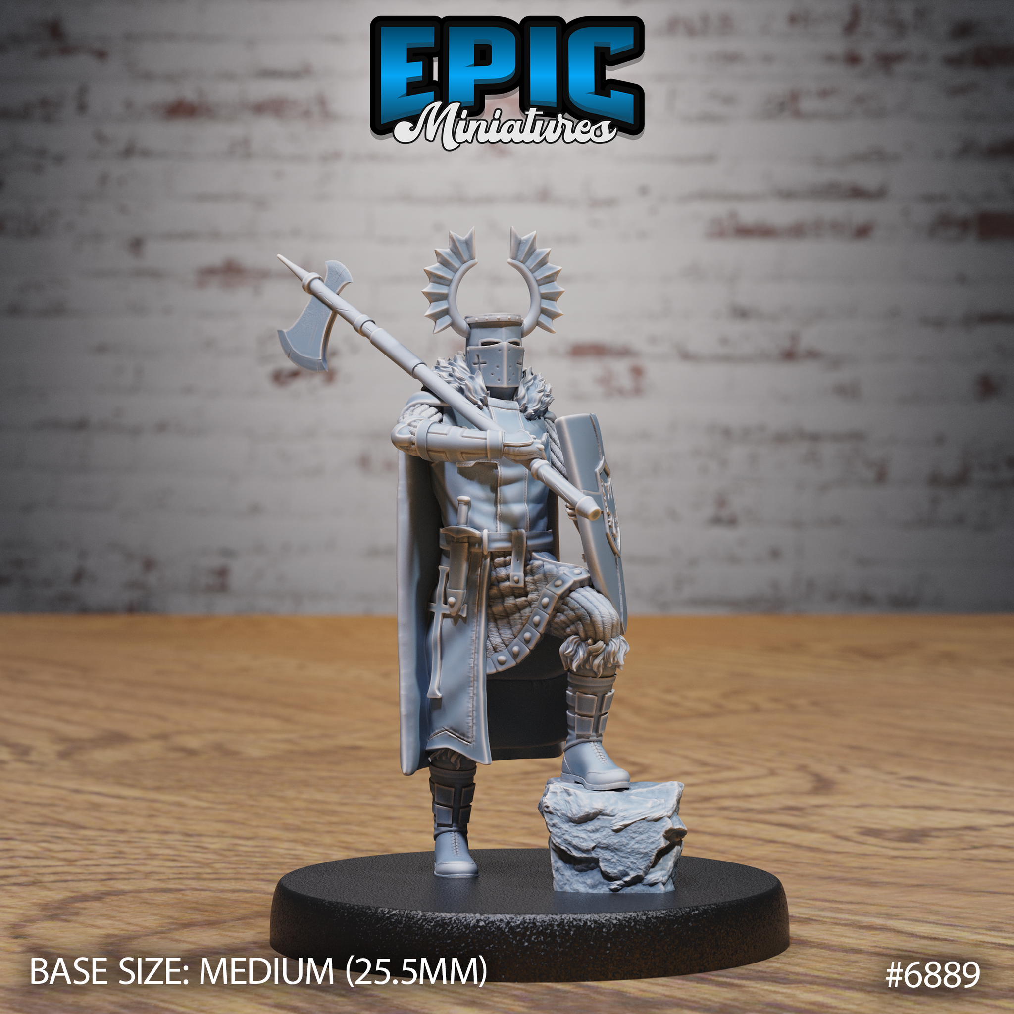 Armoured crusader knight standing with one foot raised on a rock, holding a halberd over one shoulder and a cross-emblazoned shield at his side, wearing full plate with a billowing cloak and an ornate horned halo atop a visored helm. Sculpt by Epic Miniatures.