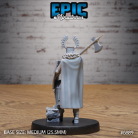 Crusader knight seen from behind, broad cloak falling to mid-calf, halberd raised with axe-head visible above the shoulder, horned halo cresting the visored helm, shield strapped at the back, standing on a rough rocky base. Sculpt by Epic Miniatures.