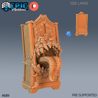 Digital render of a large-scale Mimic Wardrobe miniature by Epic Miniatures — an ornately carved wooden wardrobe with its doors burst open to reveal a gaping maw of jagged teeth and a thick segmented pseudopod hanging from the lower opening; a d20 is shown for scale, and the plain back of the piece is shown in an inset view; unpainted orange resin render