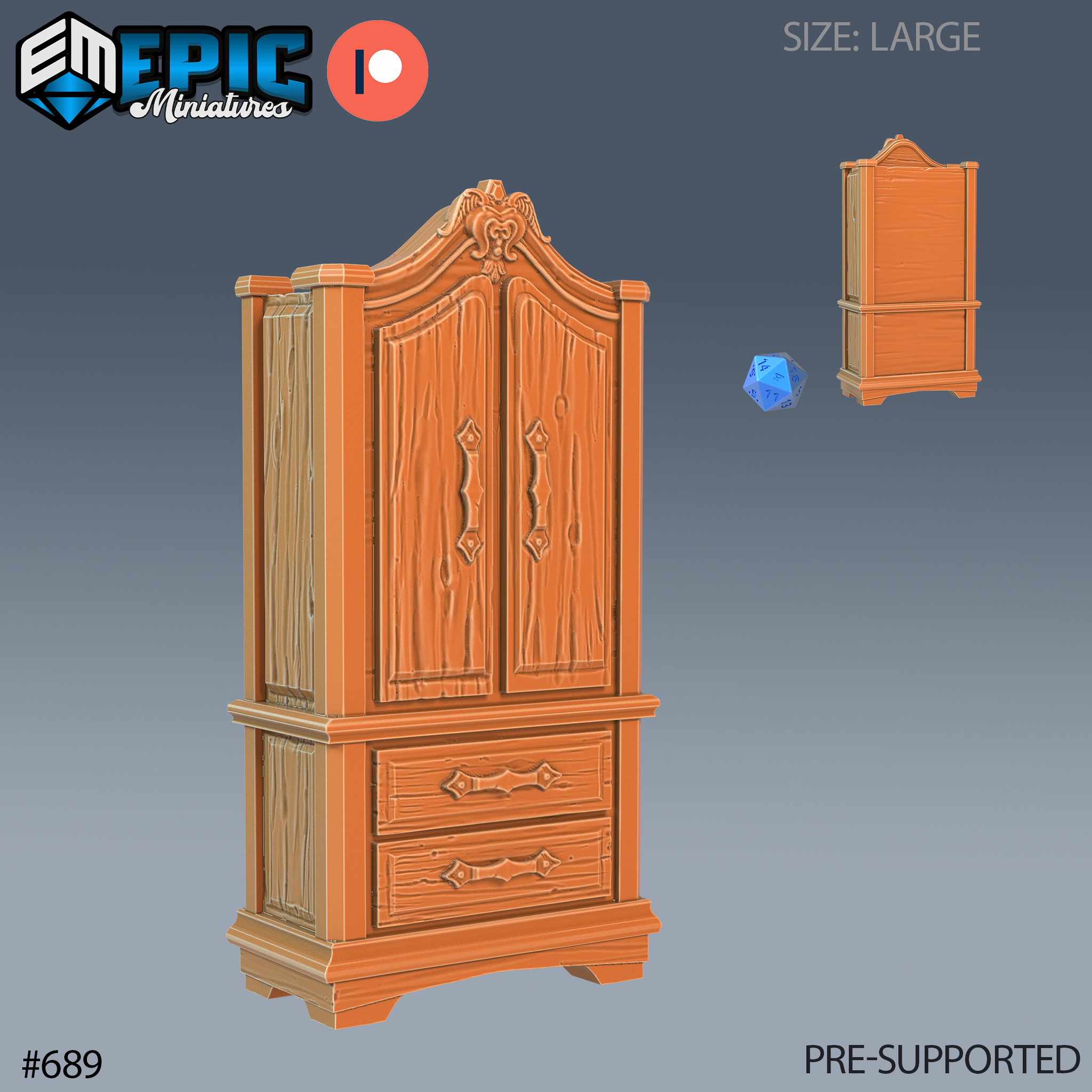 Digital render of a large ornate wooden wardrobe scatter terrain piece for D&D tabletop RPGs. The piece features carved double doors with a decorative crest, realistic wood-grain texture, and two drawers with diamond-patterned handles at the base. A blue d20 and a rear-view inset are shown for scale reference. Rendered in warm amber tones on a grey background.