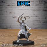Armoured templar knight raising a straight sword overhead with right hand, holding a mace in the left, wearing a sun-crowned great helm, fur-trimmed pauldrons, and a cross-emblazoned tabard. Sculpt by Epic Miniatures.