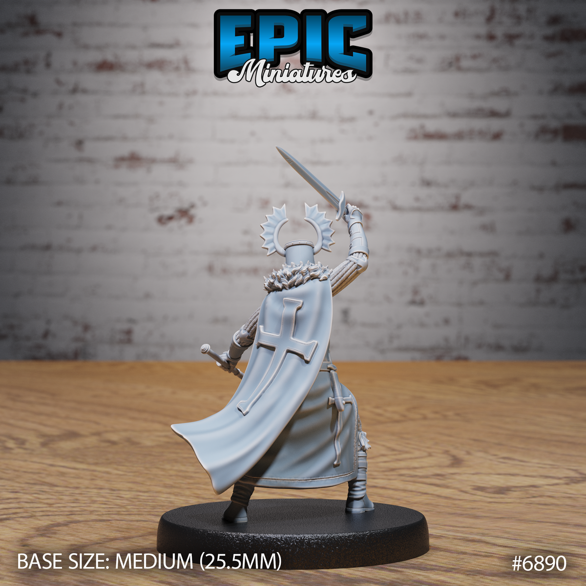 Templar knight with sword raised overhead, seen from behind, revealing a flowing cape with a large embossed cross and layered plate armour over chainmail. Sculpt by Epic Miniatures.