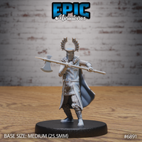 Templar Knight miniature viewed from behind, showing a long cross-emblazoned cloak, fur-trimmed collar, sunburst halo helm, and halberd axe resting across both shoulders. Sculpt by Epic Miniatures.