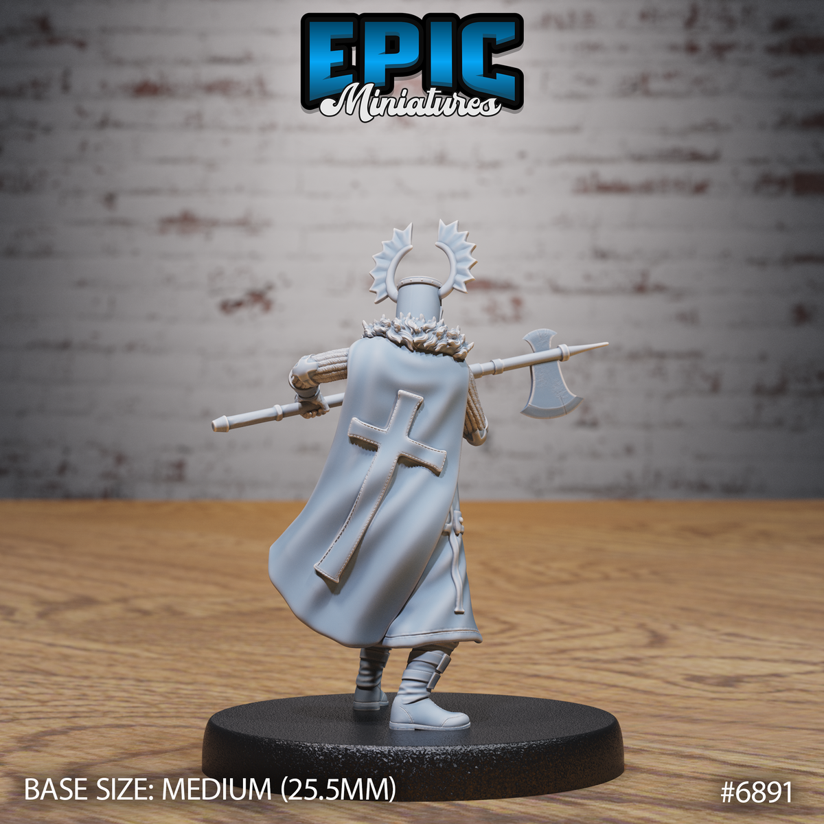 Templar Knight miniature standing upright, gripping a long halberd axe across the body, wearing a great helm with sunburst halo, layered plate armour, chainmail, and a flowing cape. Sculpt by Epic Miniatures.