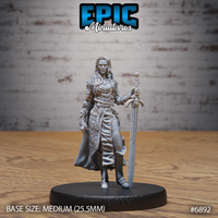 Female knight standing upright, resting a long ornate sword point-down at her side, wearing layered plate and scale armour with a full-length cloak and loose long hair. Sculpt by Epic Miniatures.