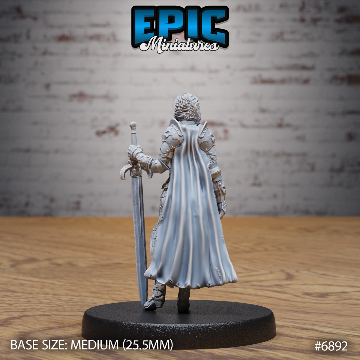 Female armoured knight seen from behind, long flowing cloak cascading to the base, layered back plate and gauntlet visible, holding a longsword at her side with an ornate pommel. Sculpt by Epic Miniatures.