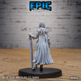 Female armoured knight seen from behind, long flowing cloak cascading to the base, layered back plate and gauntlet visible, holding a longsword at her side with an ornate pommel. Sculpt by Epic Miniatures.
