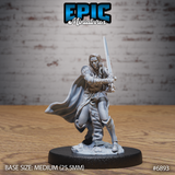 Female dark knight gripping a longsword in both hands in a close guard stance, long hair loose, wearing a fur-trimmed belted coat with a billowing cloak. Scenic rubble base. By Epic Miniatures.