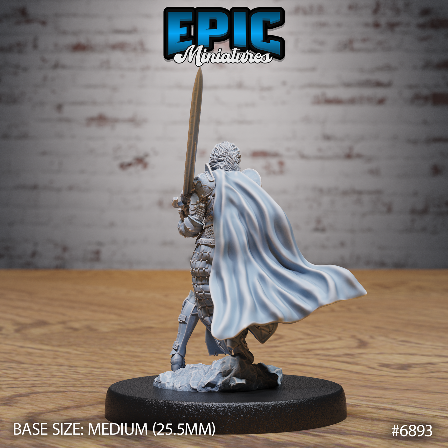 Dark knight from behind, sword arm raised with blade angled upward, long cloak sweeping dramatically outward, scale-textured arm armour visible beneath. Scenic rubble base. By Epic Miniatures.