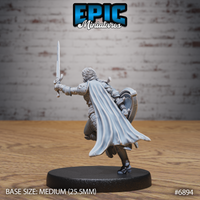Female armoured knight lunging forward with a longsword raised high in her right hand and an ornately decorated rounded shield in her left, layered plate armour with chain detail and flowing cape. Sculpt by Epic Miniatures.