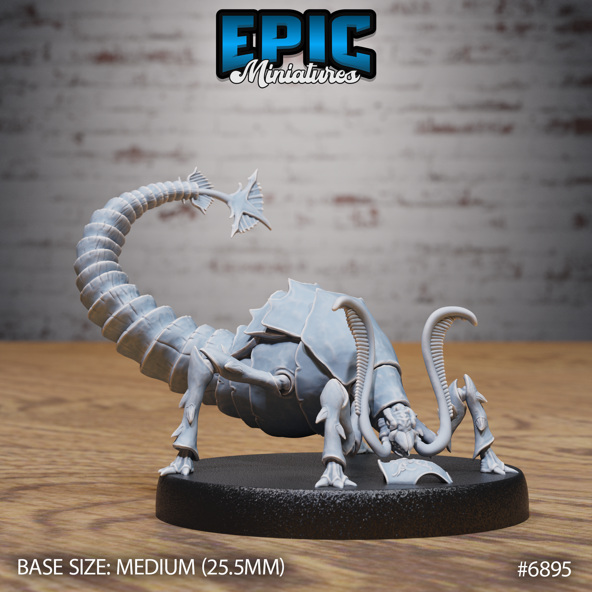 Rust Monster by Epic Miniatures, crouched low with tendrils probing the ground, long segmented tail arching high with feathered antennae spread at the tip, clawed legs planted in a stalking pose on an oval base.