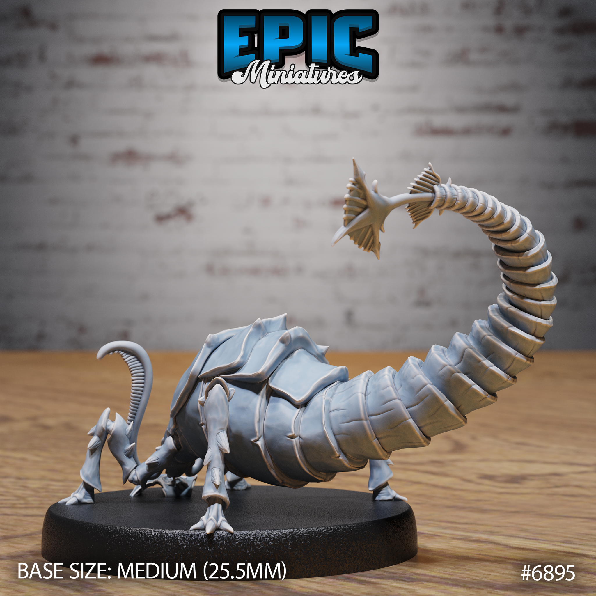 Rust Monster by Epic Miniatures viewed from the side, showing the heavily ridged carapace, upward-sweeping segmented tail with fanned tip, and a smaller curling secondary tail, clawed feet splayed wide on an oval base.