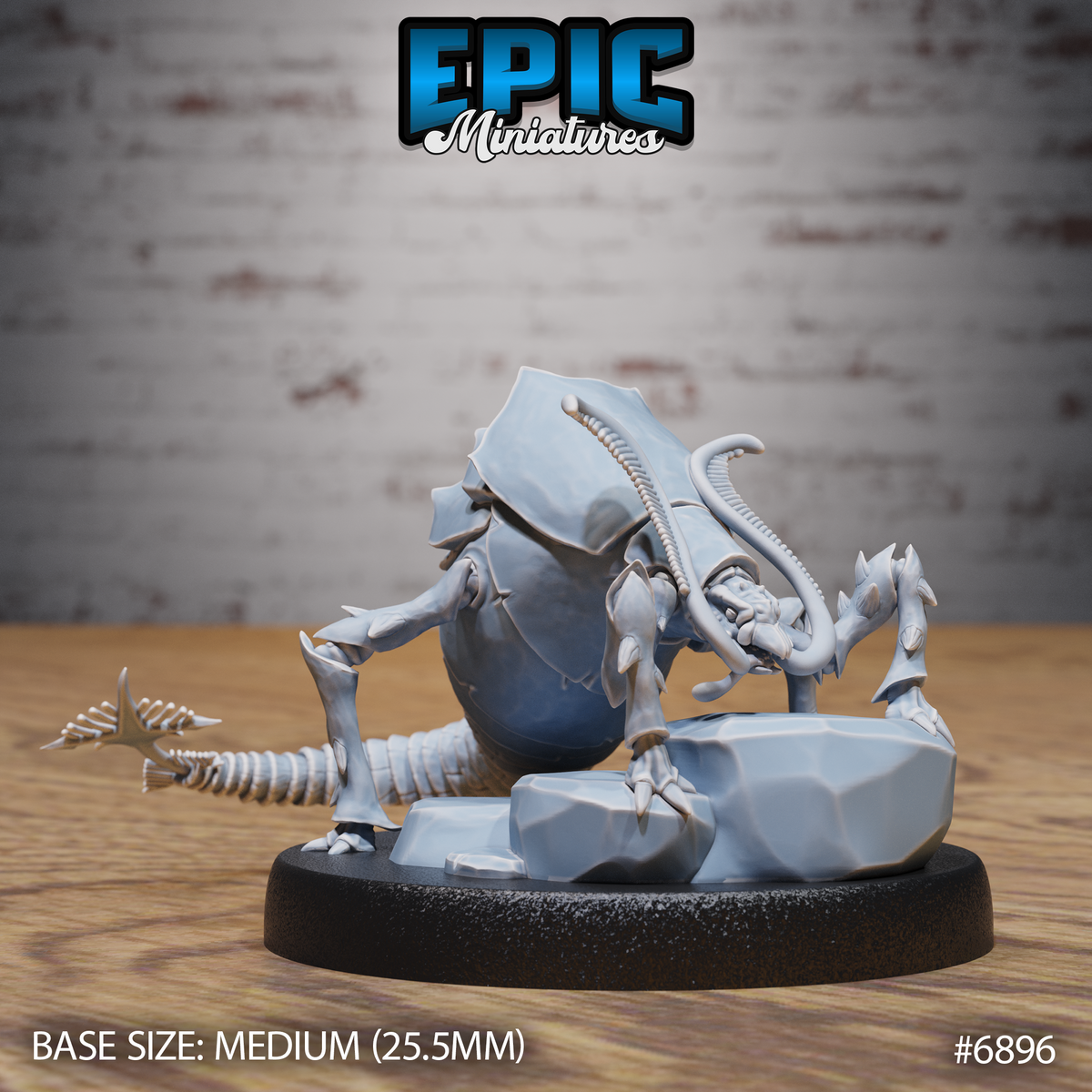 Rust monster miniature crouched on a rocky scenic base, segmented carapace across its back, feathered antennae curling forward, claws gripping stone, spined tail raised behind. Sculpt by Epic Miniatures.