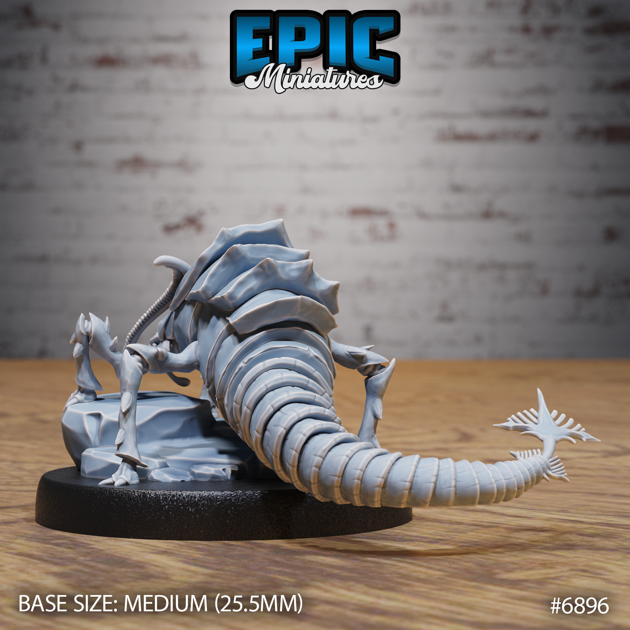 Rust monster miniature shown with heavily segmented underbelly and ringed tail trailing across the base, spined tail tip prominent, hunched body and hooked rear legs visible. Sculpt by Epic Miniatures.
