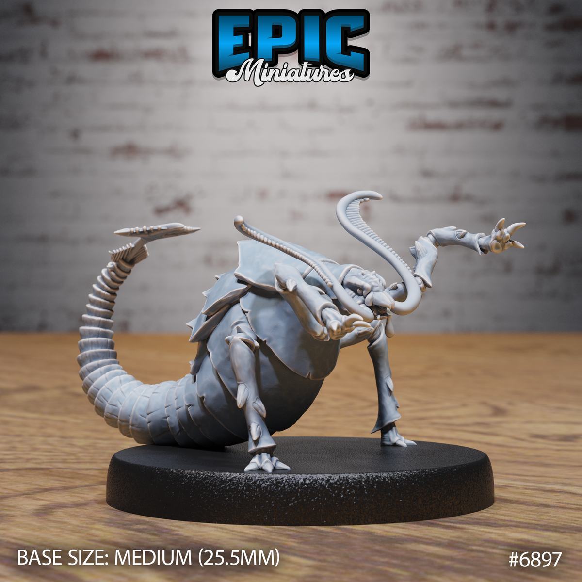 Rust monster miniature leaning back with segmented tail curled upward in a scorpion arc, forelegs raised and splayed, armoured carapace plates visible across the body. Sculpt by Epic Miniatures.