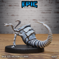 Rust monster miniature crouched forward in an aggressive lunge, antenna feelers sweeping ahead, spiny carapace plates and ridged segmented tail curving behind. Sculpt by Epic Miniatures.