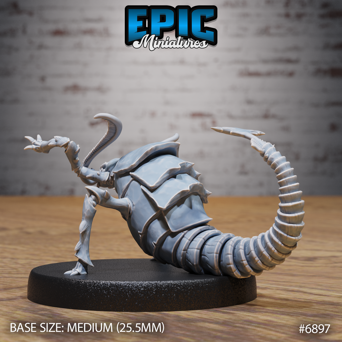 Rust monster miniature crouched forward in an aggressive lunge, antenna feelers sweeping ahead, spiny carapace plates and ridged segmented tail curving behind. Sculpt by Epic Miniatures.
