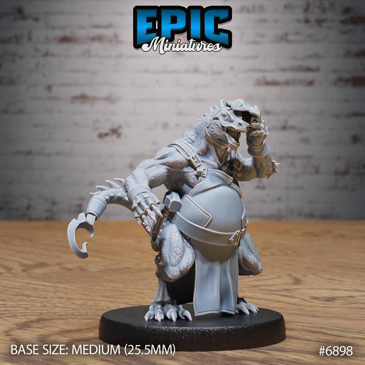 Snarling kobold blacksmith in leather apron and armoured bracers, one clawed hand raised mid-gesture, mouth open, thick ridged tail behind him. Sculpt by Epic Miniatures.