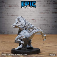 Kobold blacksmith viewed from behind, showing a buckled satchel on his back, spike-ridged tail sweeping outward, heavily textured scaly hide across his broad frame. Sculpt by Epic Miniatures.