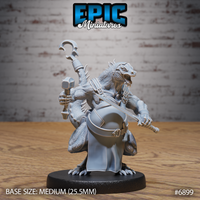 Snarling kobold blacksmith charging forward, warhammer raised in right hand, shortsword in left, with an ornate hooked staff strapped to his back, wearing leather harness and belt. Sculpt by Epic Miniatures.