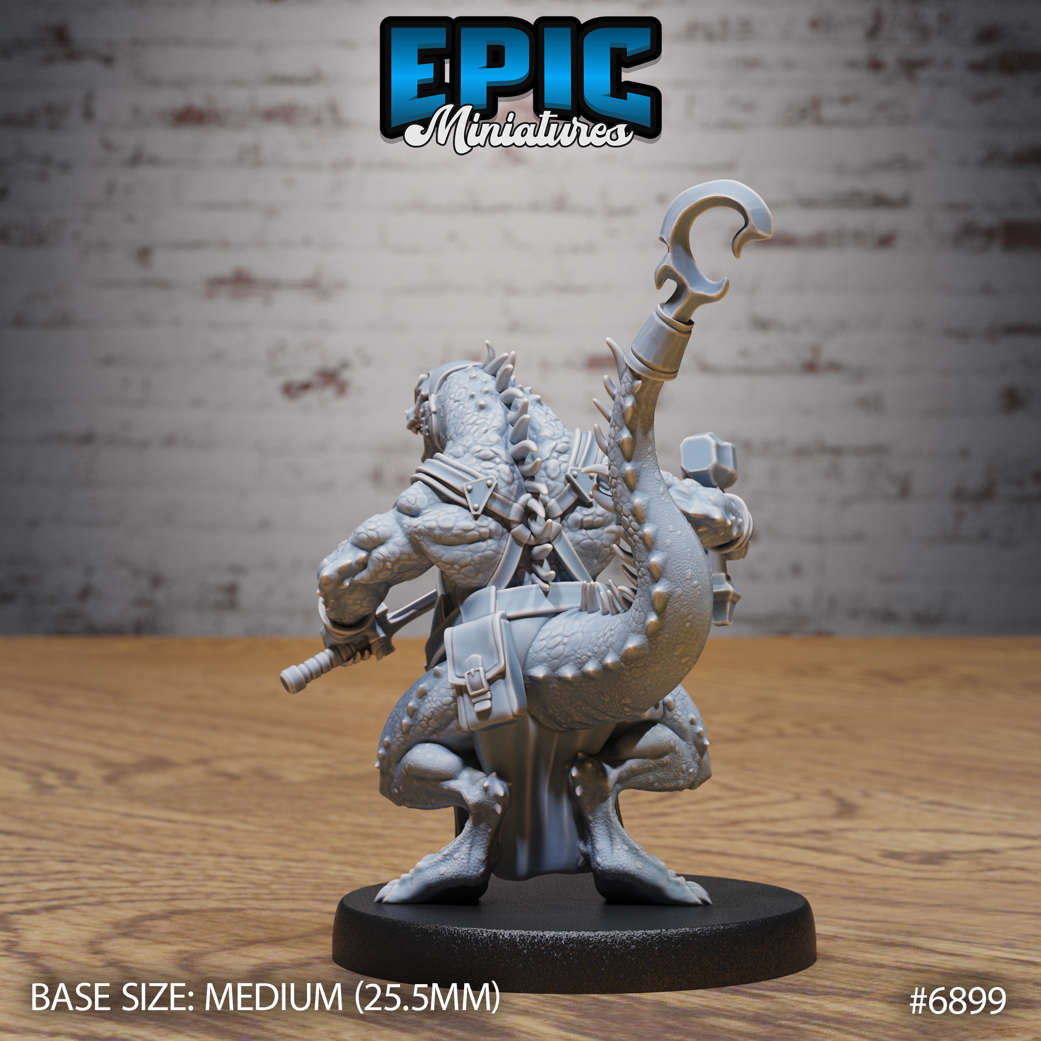 Kobold blacksmith seen from behind, revealing a heavily textured scale-covered back, dorsal spines, thick curved tail, slung hooked staff, and a small satchel at the hip, clawed feet gripping the base. Sculpt by Epic Miniatures.
