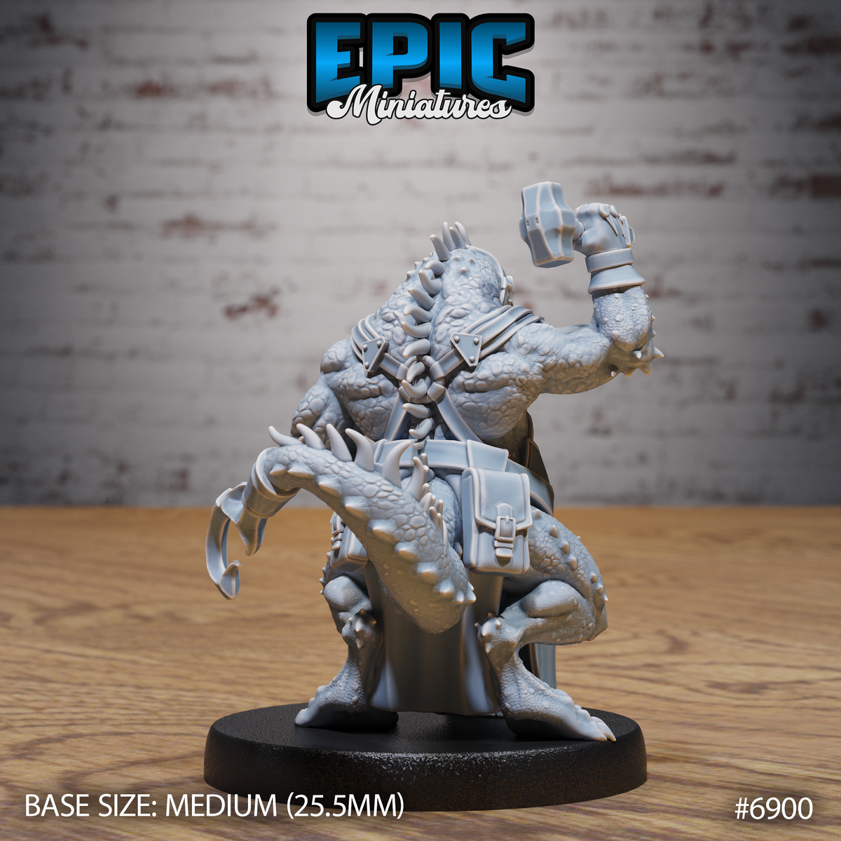 Kobold blacksmith viewed from behind and above, showing heavily textured reptilian scales across his broad back, dorsal spines, a buckled satchel at his hip, and one powerful arm raised holding a hammer aloft. Sculpt by Epic Miniatures.