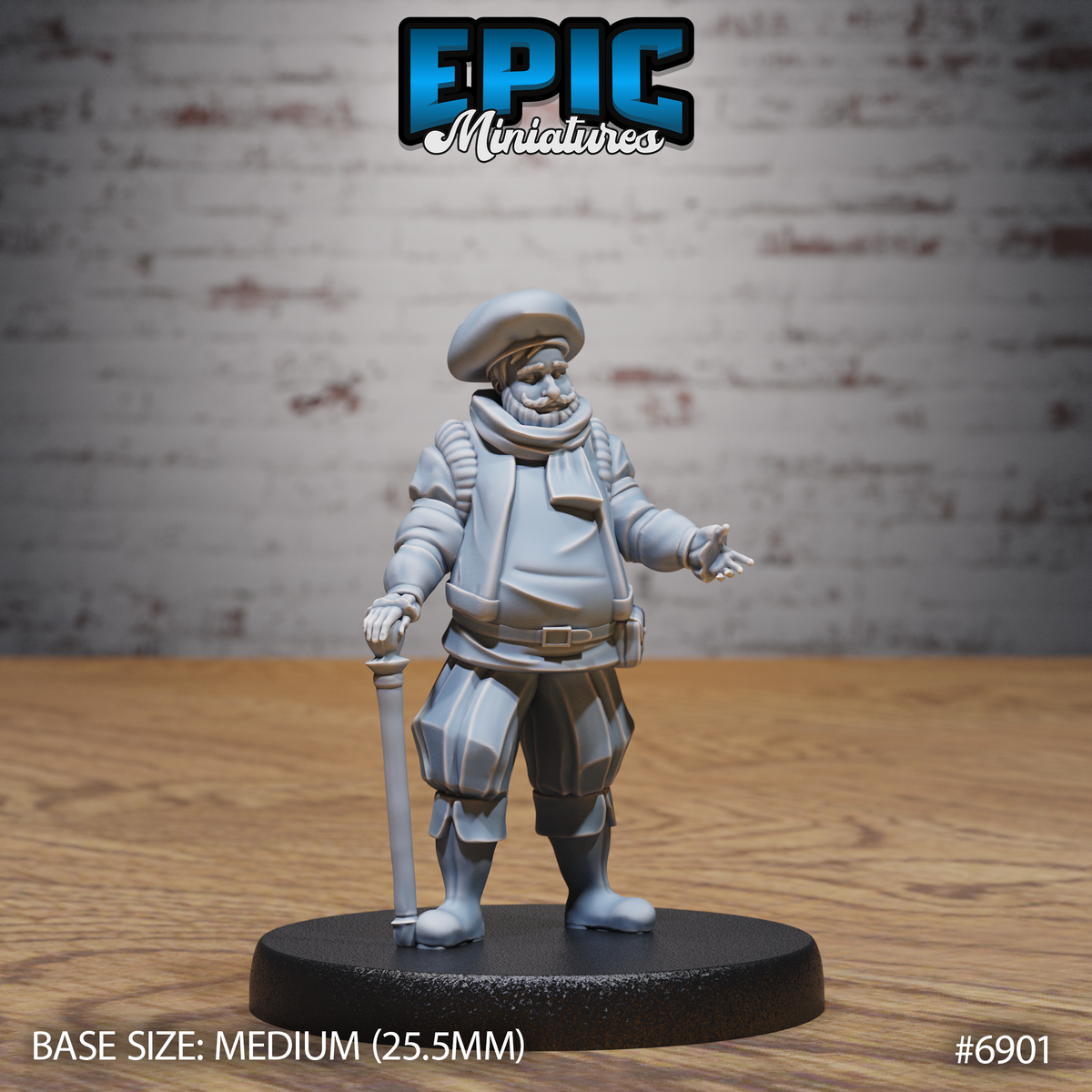 Portly bearded man in a beret and puffed doublet, one hand resting on a tall staff, the other extended open-palmed. Sculpted by Epic Miniatures.