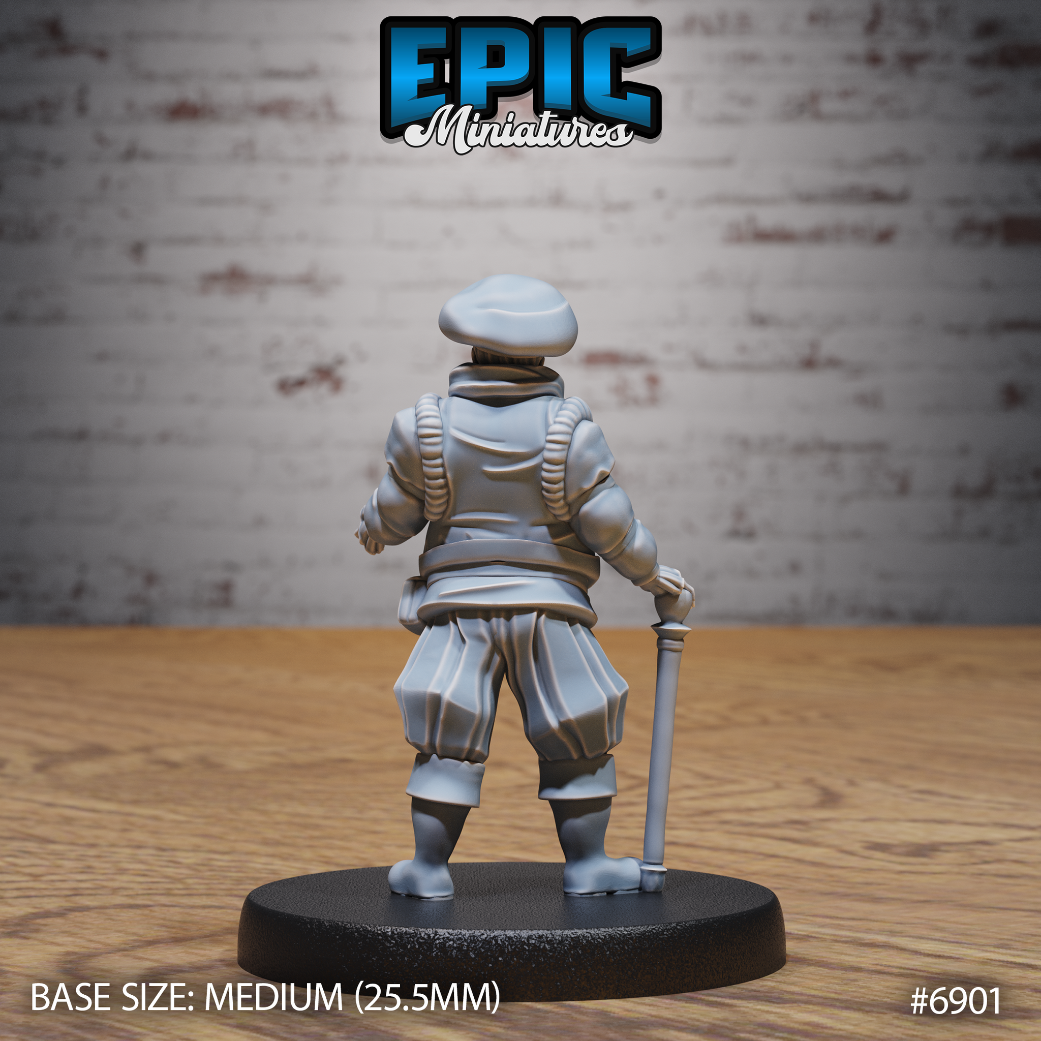 Bearded man in layered doublet and voluminous breeches seen from behind, staff gripped at his side, wide belt visible across his back. Sculpted by Epic Miniatures.