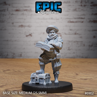 Stocky bearded male noble standing with one boot propped on a small locked chest, holding an open tome in both hands, wearing a broad-brimmed hat and layered coat with scarf. Sculpt by Epic Miniatures.