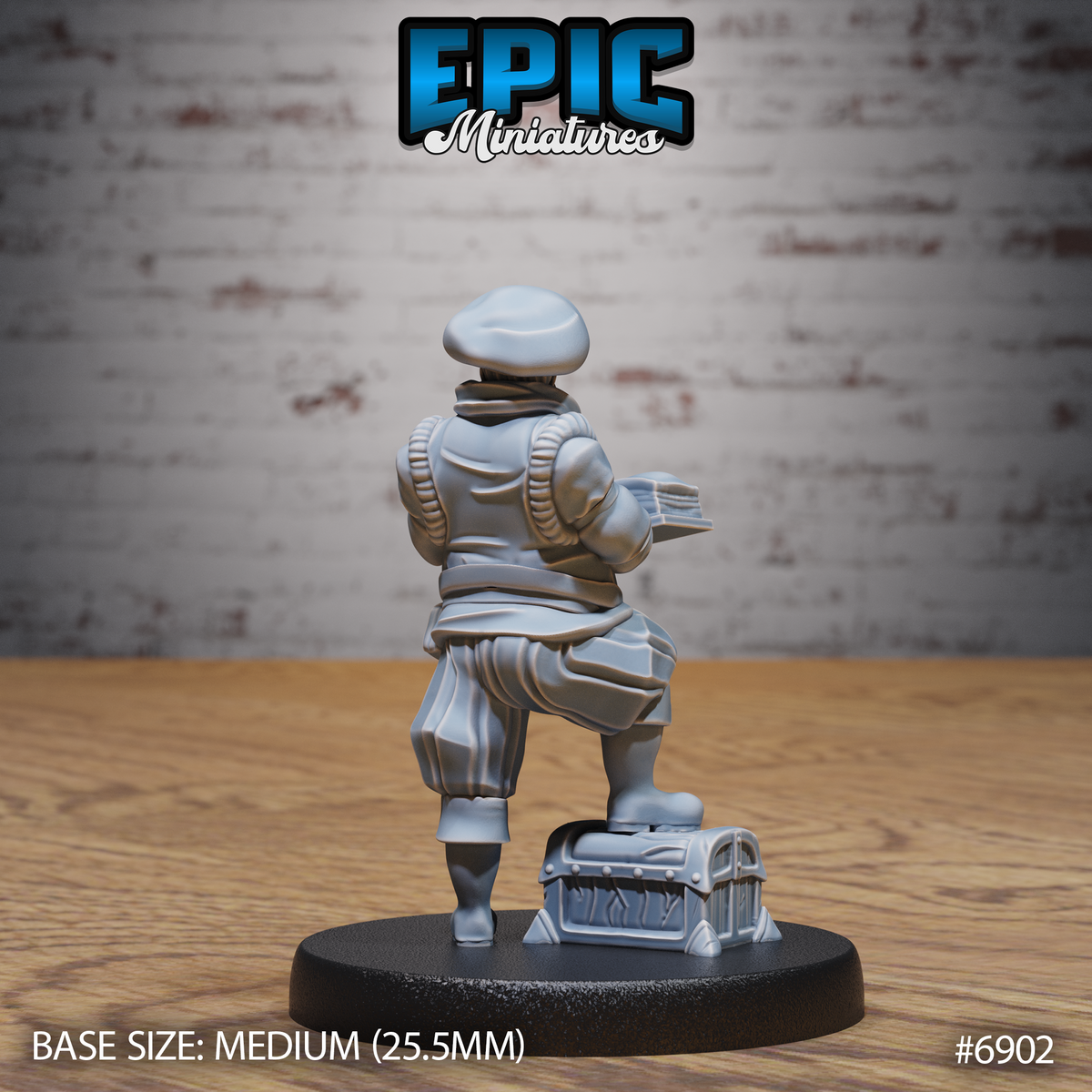 Bearded male noble seen from behind, one boot on a locked chest, open book held in his right hand, broad hat and quilted coat visible, belt and hip pouch detailed. Sculpt by Epic Miniatures.
