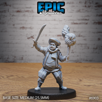 Portly bearded male noble seen from behind, arms raised wide — cutlass in right hand, knotted torch aloft in left, wearing a layered doublet, puffed breeches, and a brimmed cap. Sculpt by Epic Miniatures.