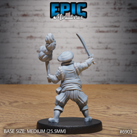 Portly bearded male noble facing forward, mouth agape in alarm, raising a cutlass in one hand and a blazing knotted torch in the other, dressed in a textured padded doublet and voluminous breeches. Sculpt by Epic Miniatures.