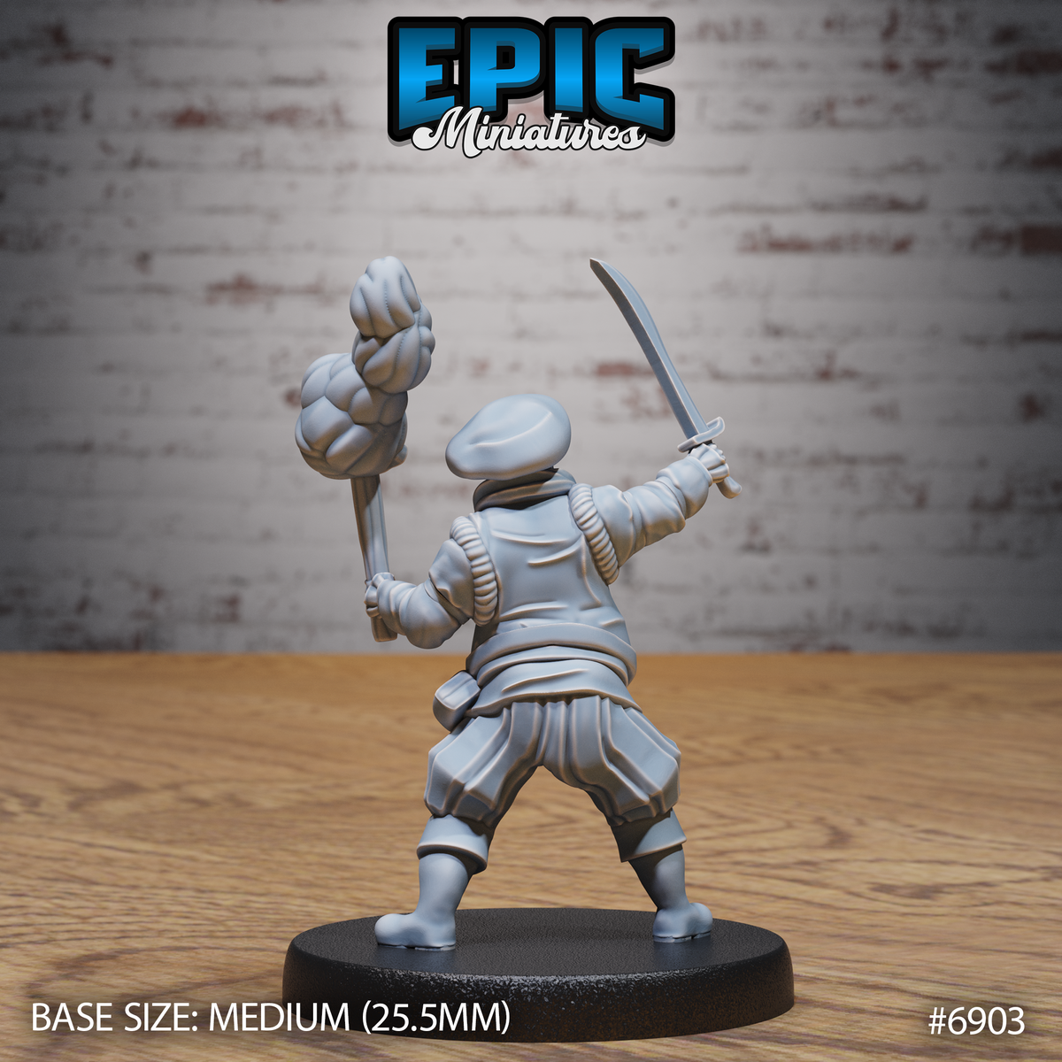 Portly bearded male noble facing forward, mouth agape in alarm, raising a cutlass in one hand and a blazing knotted torch in the other, dressed in a textured padded doublet and voluminous breeches. Sculpt by Epic Miniatures.