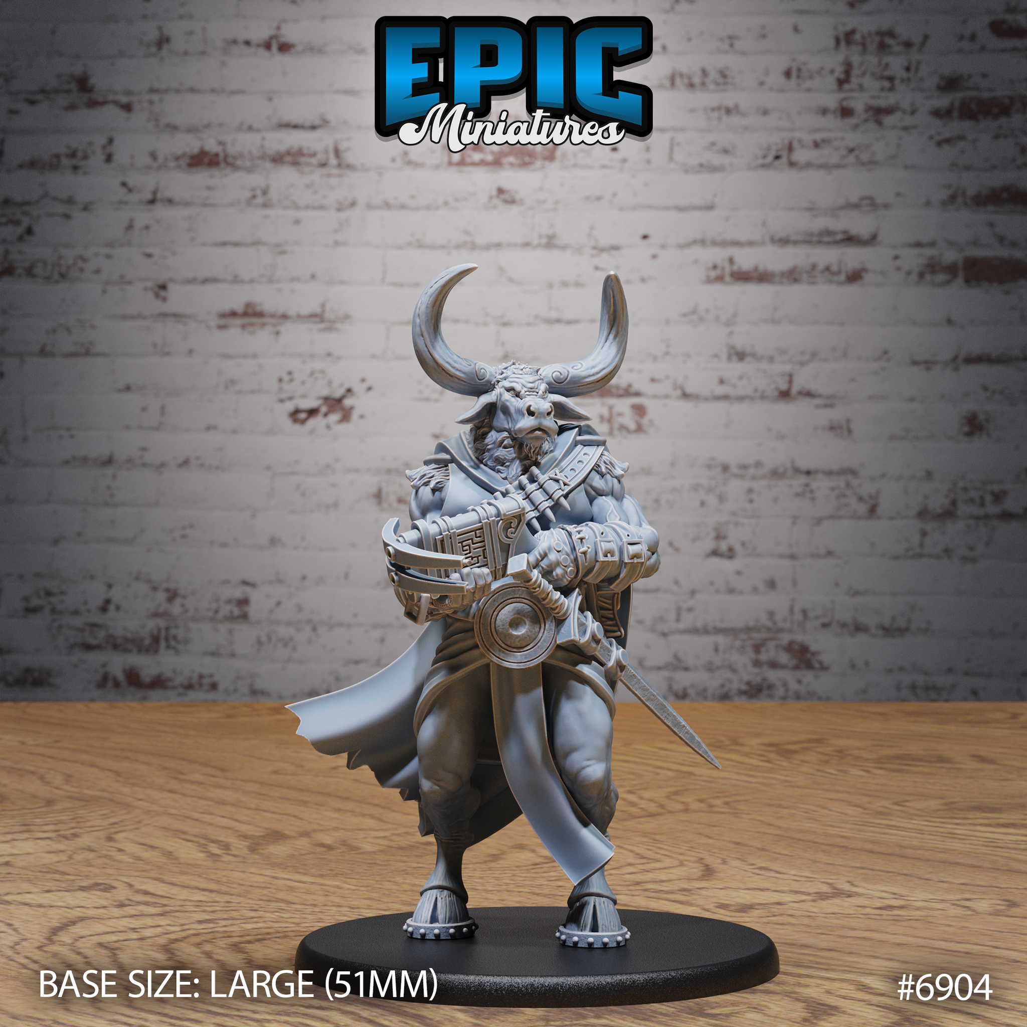 Imposing minotaur captain gripping an ornate crossbow-style chest weapon and a short blade, wearing a billowing cloak and studded armoured boots, broad bearded bovine head with sweeping curved horns. Sculpt by Epic Miniatures.