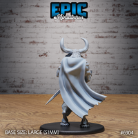 Minotaur captain seen from behind, dramatic full-length cloak flowing outward with a jagged hem, large curved horns rising above a bearded bull head, heavy armoured legs and studded boots. Sculpt by Epic Miniatures.