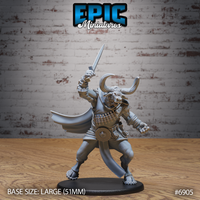 Minotaur Captain raising a broad sword overhead in a battle crouch, wearing a flowing cloak, studded belt, and armoured bracers, with large curved horns and a snarling expression. Sculpt by Epic Miniatures.