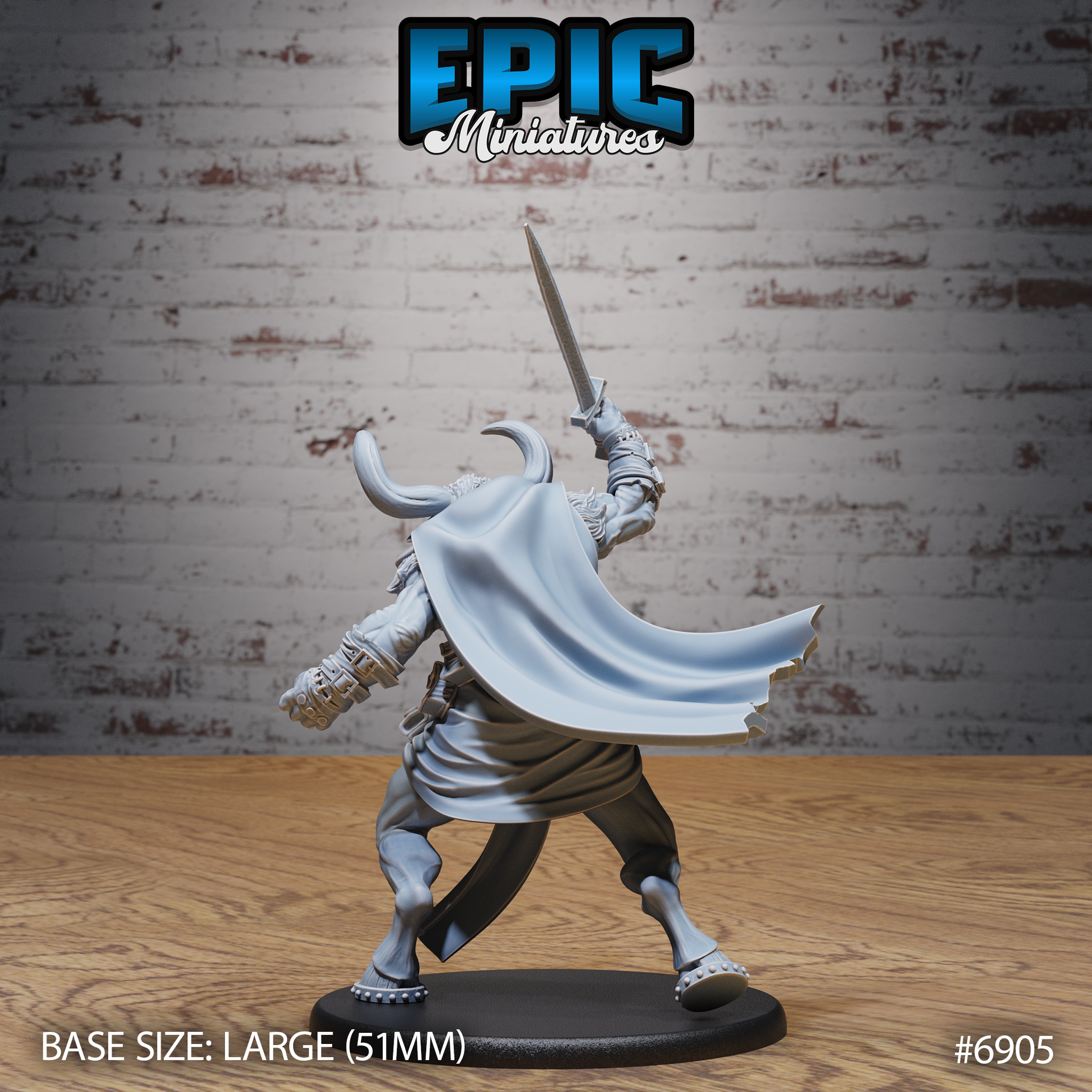 Minotaur Captain seen from behind with a wide tattered cloak billowing outward, sword arm raised, hooved feet in studded ankle guards, well-defined back musculature visible on a large oval base. Sculpt by Epic Miniatures.