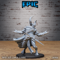 Minotaur Captain Roar by Epic Miniatures, seen from behind — broad-shouldered figure in fang-like chest armour, arms outstretched wide, long billowing tattered cape, curved horn helmet, sword trailing at his side.