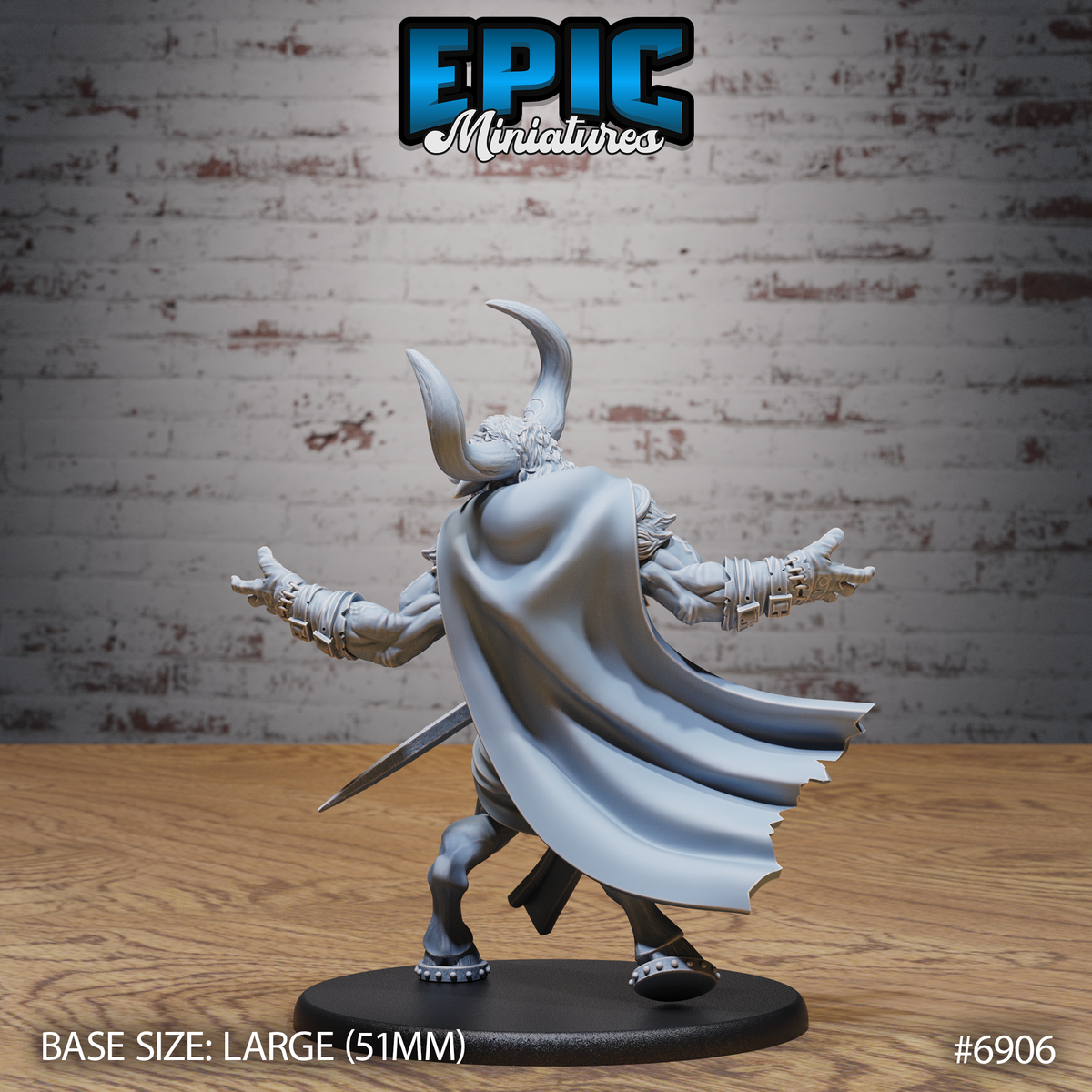 Minotaur Captain Roar by Epic Miniatures, facing forward — fanged jaw open in a roar, horn helmet, jagged serrated chest armour, leather-wrapped fists spread wide, heavy sword at hip, wide dominant stance on large round base.