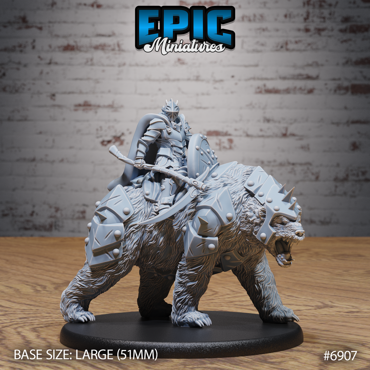 Heavily armoured knight riding a snarling war-bear in riveted barding, wielding a lance across the saddle with a round shield at the flank, crested great helm and flowing cloak. Sculpt by Epic Miniatures.