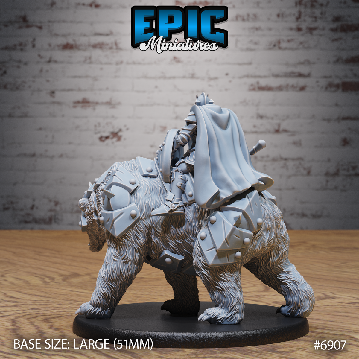 Armoured bear rider seen from behind, cloak billowing outward, studded armour plates covering the bear's back and haunches, detailed fur texture visible across the bear's legs and shoulders. Sculpt by Epic Miniatures.