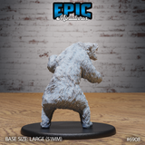Bear miniature seen from behind, rearing on hind legs with head turned and jaws open, dense layered fur covering the broad back and haunches, large oval base. Sculpt by Epic Miniatures.
