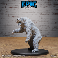 Ferocious polar bear rearing up on hind legs, jaws open wide in a roar, forepaws raised with claws extended, dense shaggy fur sculpted across the whole body. Sculpt by Epic Miniatures.
